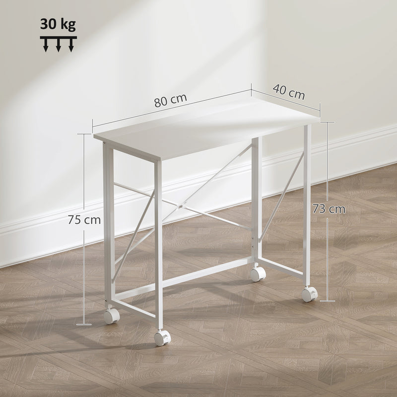 White 80 cm Folding Desk on Wheels Space Saving Table for Home Office or Study