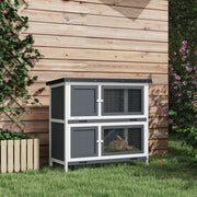 Two Tier Wooden Rabbit Hutch With Slide Out Tray For Outdoor Use, Grey