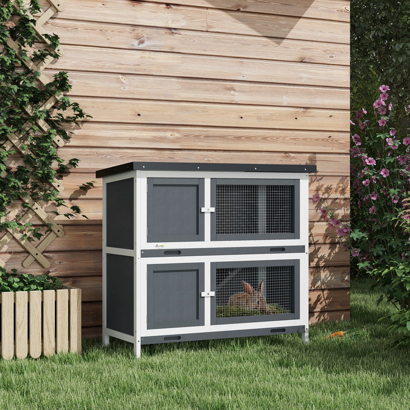 Two Tier Wooden Rabbit Hutch With Slide Out Tray For Outdoor Use, Grey