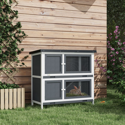 Two Tier Wooden Rabbit Hutch With Slide Out Tray For Outdoor Use, Grey