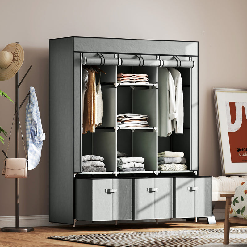 Light Grey Fabric Wardrobe With Shelves Drawers And Rails Ideal For Bedroom Storage