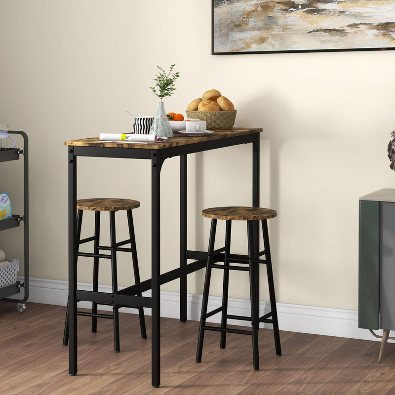 Bar Table and Stools Set for Two Compact Dining with Oak Effect Top White Frame AOSOM