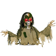 Half-body skeleton Halloween prop with moss-covered skull, red glowing eyes and khaki tattered robe on a ground stand