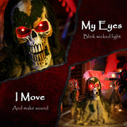 Graphic highlighting the skeleton prop's glowing eyes and sound-activated movement features