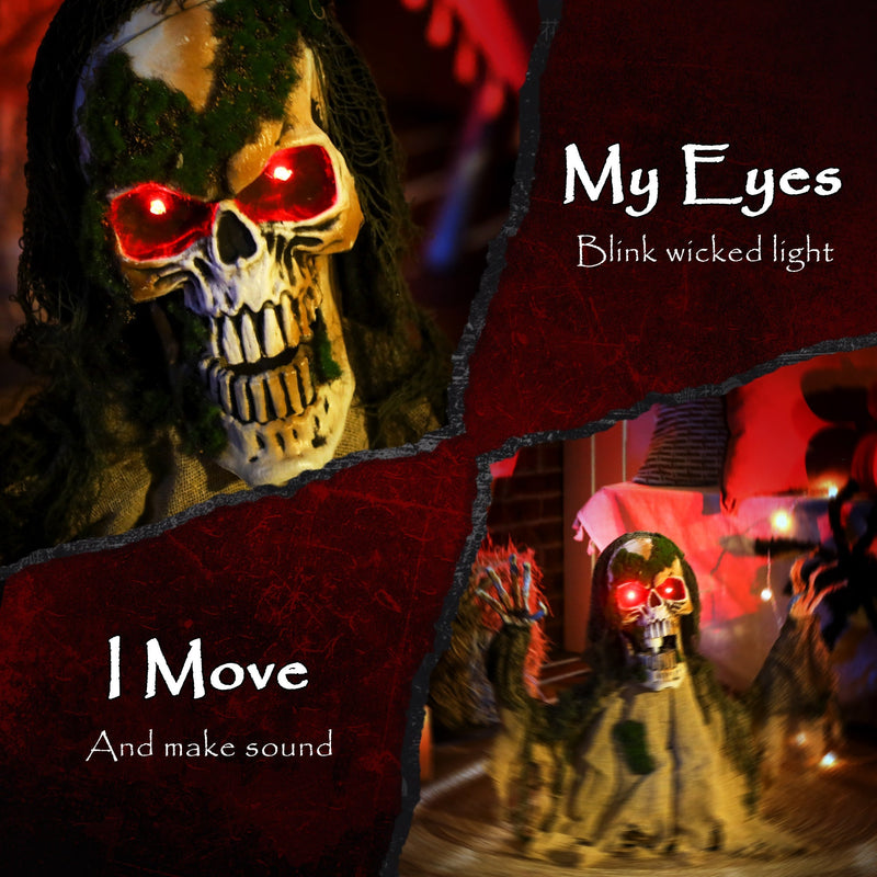 Graphic highlighting the skeleton prop's glowing eyes and sound-activated movement features