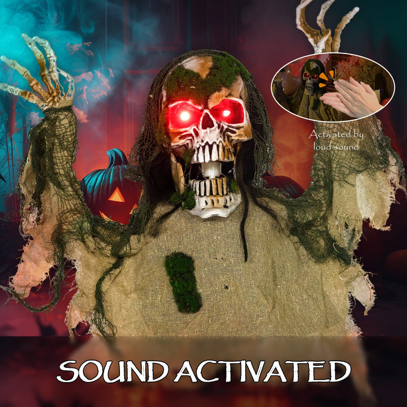 Sound activated graphic showing the skeleton prop reacting to a loud clap