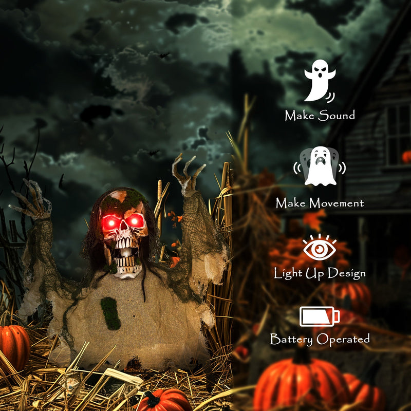 Feature icons showing sound, movement, light-up eyes and battery operation for the skeleton prop