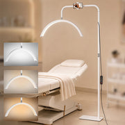 White half moon floor lamp in a beauty treatment room showing 3 colour temperatures