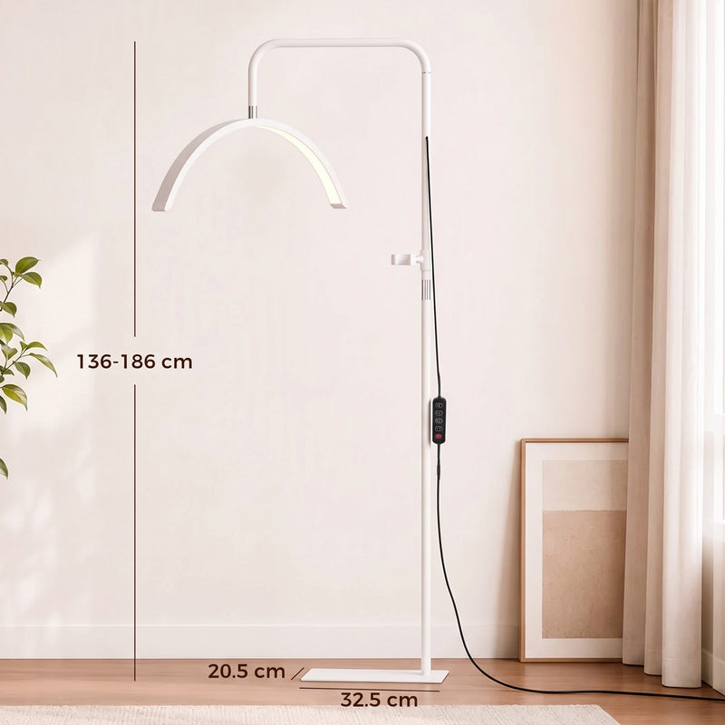 White half moon floor lamp dimensions diagram showing 136-186 cm height and base size
