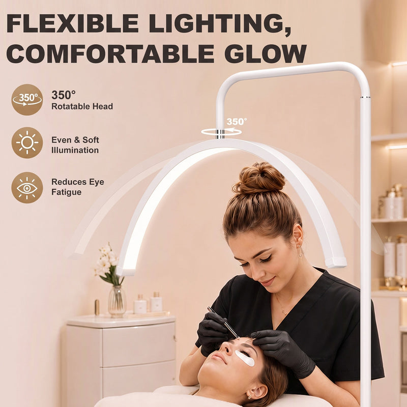 White half moon floor lamp used during an eyelash treatment showing 350 degree rotation