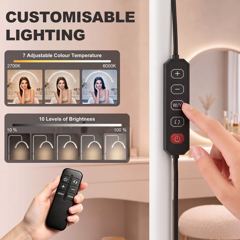 Close-up of white floor lamp touch controls and remote for brightness and colour
