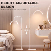 White half moon floor lamp shown at adjustable heights from 136 to 186 cm