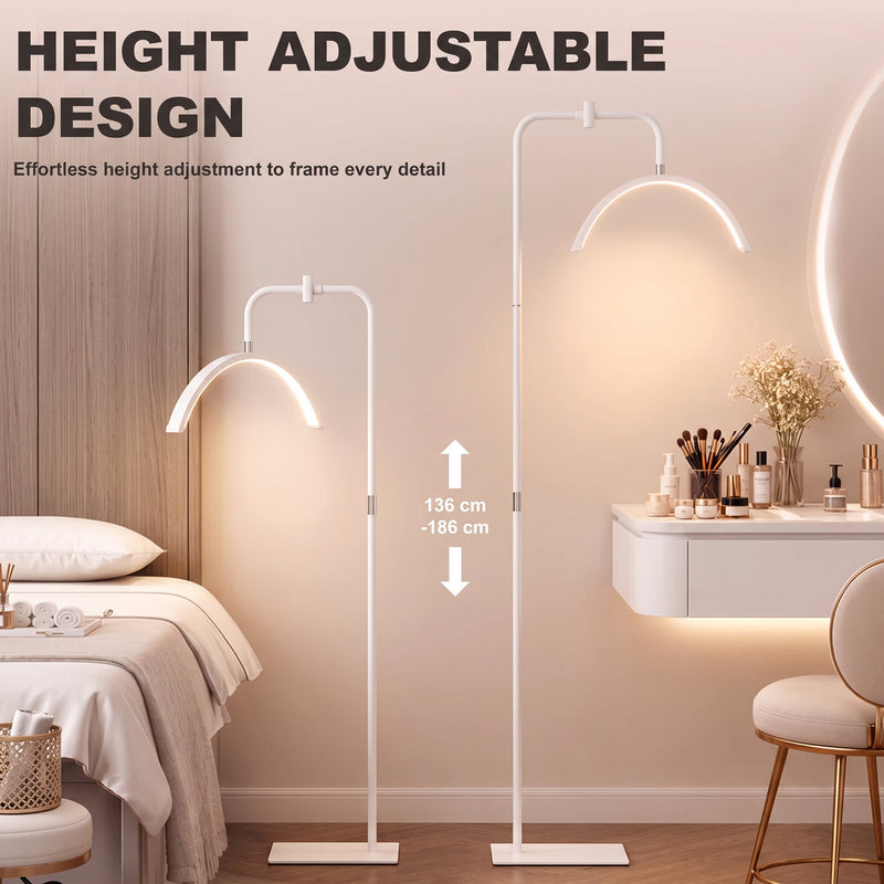 White half moon floor lamp shown at adjustable heights from 136 to 186 cm