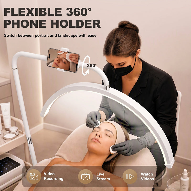 White floor lamp phone holder rotating 360 degrees during a facial treatment