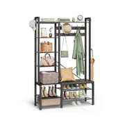 Vasagle hall tree with coat hooks, bench, and shoe shelves styled with coats, bags, and shoes