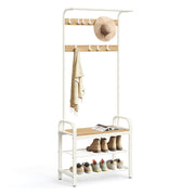 Studio shot of the oak and white hall tree with hanging bar, 9 hooks, shoe bench and 2 shoe shelves