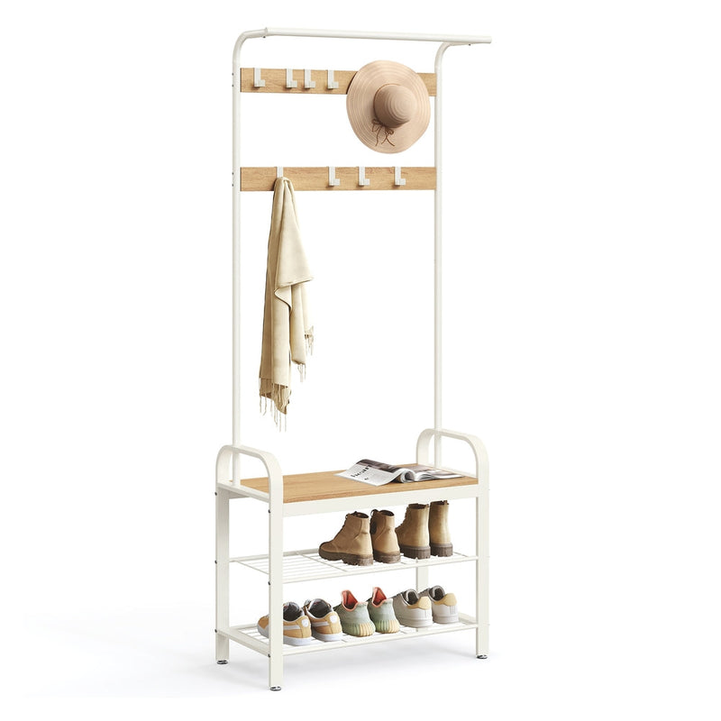Studio shot of the oak and white hall tree with hanging bar, 9 hooks, shoe bench and 2 shoe shelves