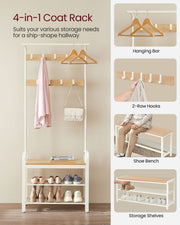 4-in-1 feature panels showing the hanging bar, 2 rows of hooks, shoe bench and storage shelves