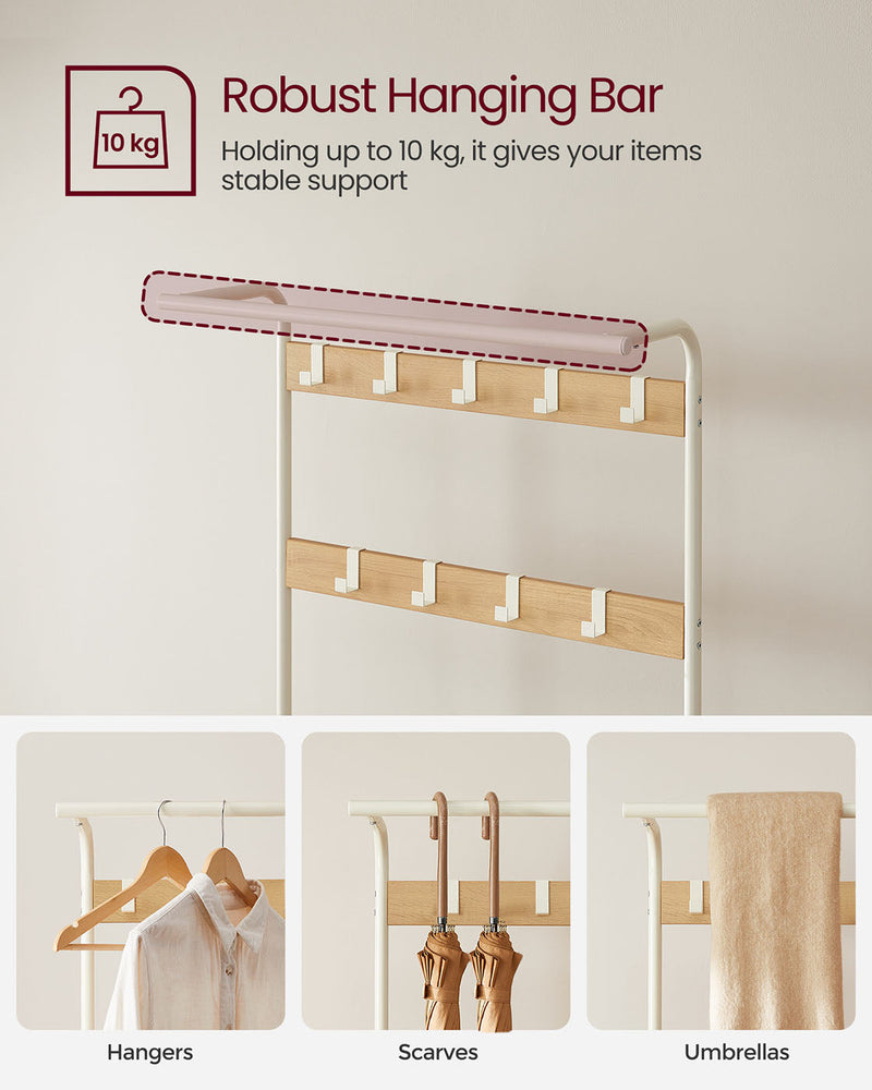 Close-up of the hanging bar with a 10 kg load label, holding hangers, scarves and umbrellas