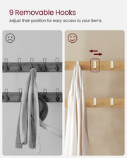 Removable hooks that slide along the 2 rails, compared with fixed hooks, with a shirt hanging on one