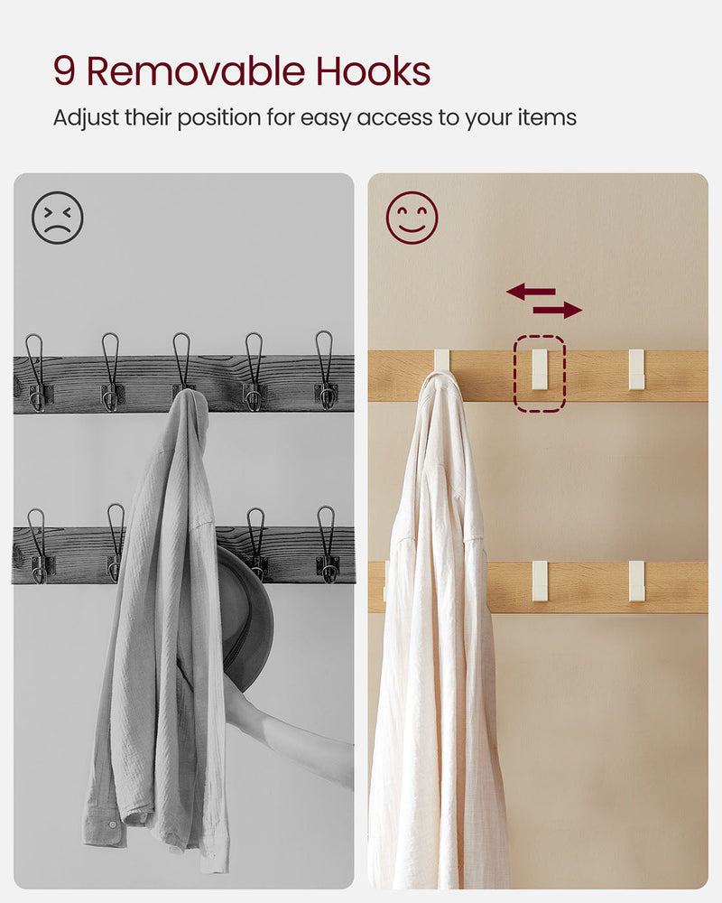 Removable hooks that slide along the 2 rails, compared with fixed hooks, with a shirt hanging on one