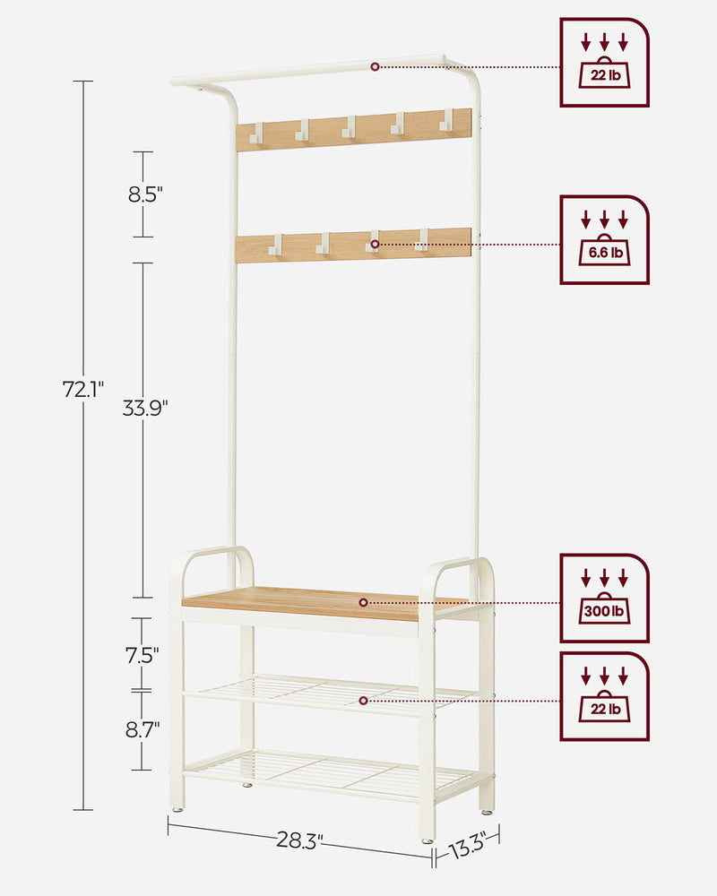 Dimensions diagram of the hall tree showing 72 cm width, 34 cm depth and 183 cm height with load icons