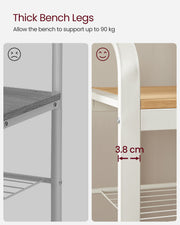 Close-up of the 3.8 cm thick white bench leg beside a thinner grey leg for comparison