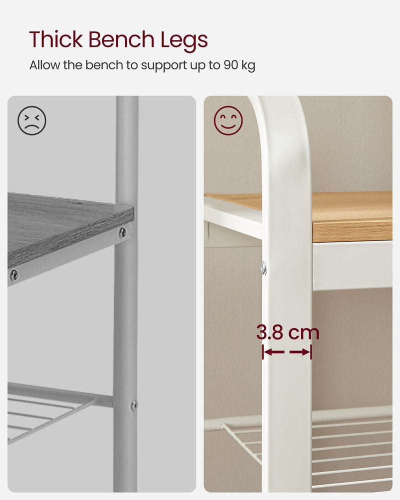 Close-up of the 3.8 cm thick white bench leg beside a thinner grey leg for comparison