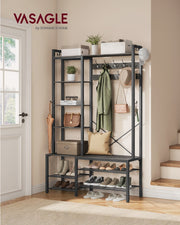 Hall tree shown in a hallway entryway setting