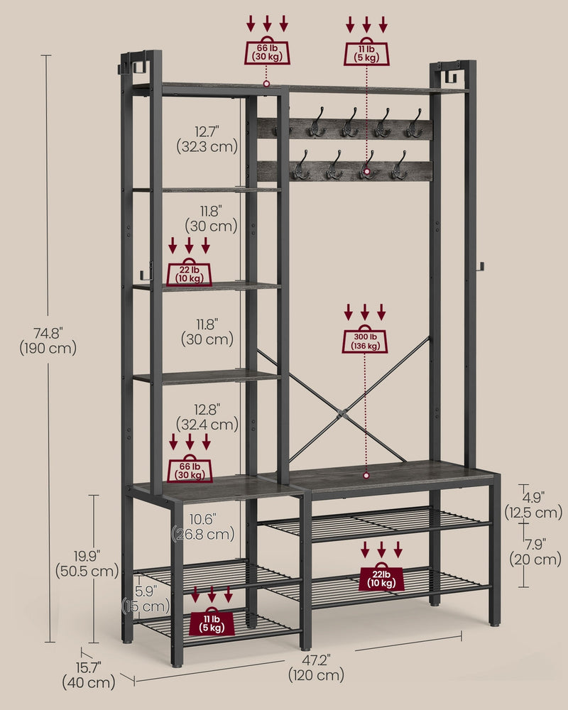 Shoe storage shelf underneath hall tree bench