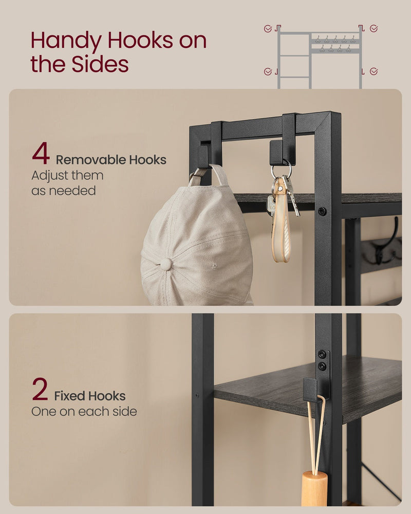 Close-up of steel frame and rustic brown finish on hall tree