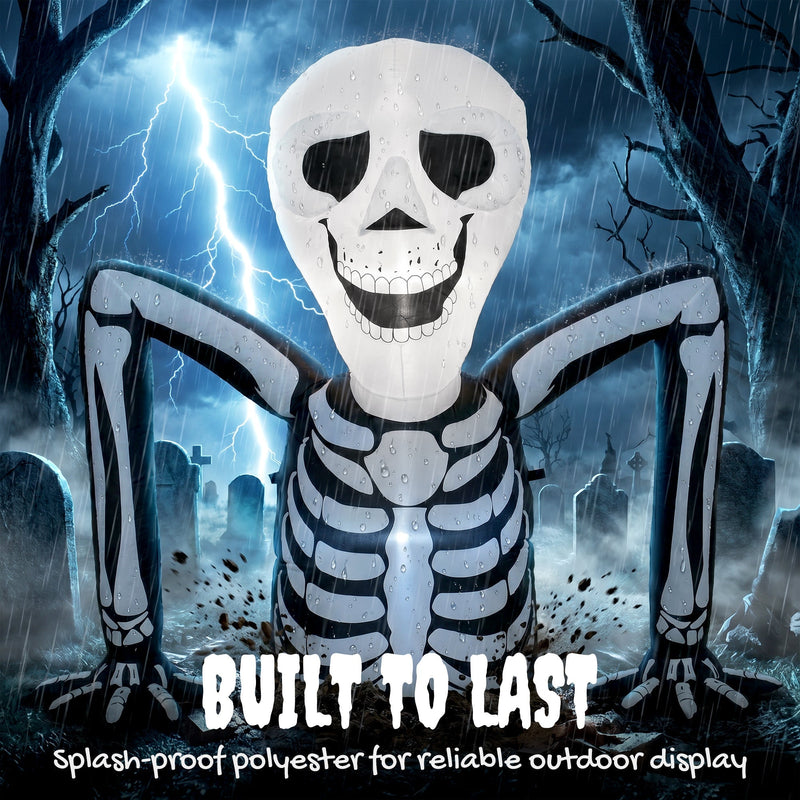 Skeleton inflatable lit up in a graveyard scene during a rainstorm