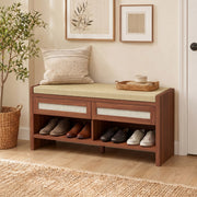 Shoe bench shown with one storage drawer open
