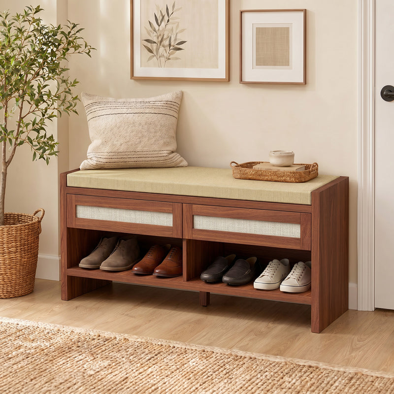 Shoe bench shown with one storage drawer open