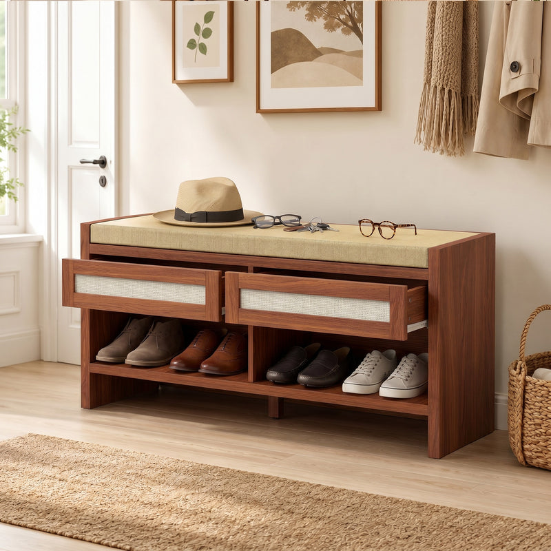 Bags and keys stored inside the bench drawers