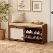 Shoe bench with flip-down rattan cabinet door open