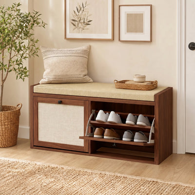 Shoe bench with flip-down rattan cabinet door open