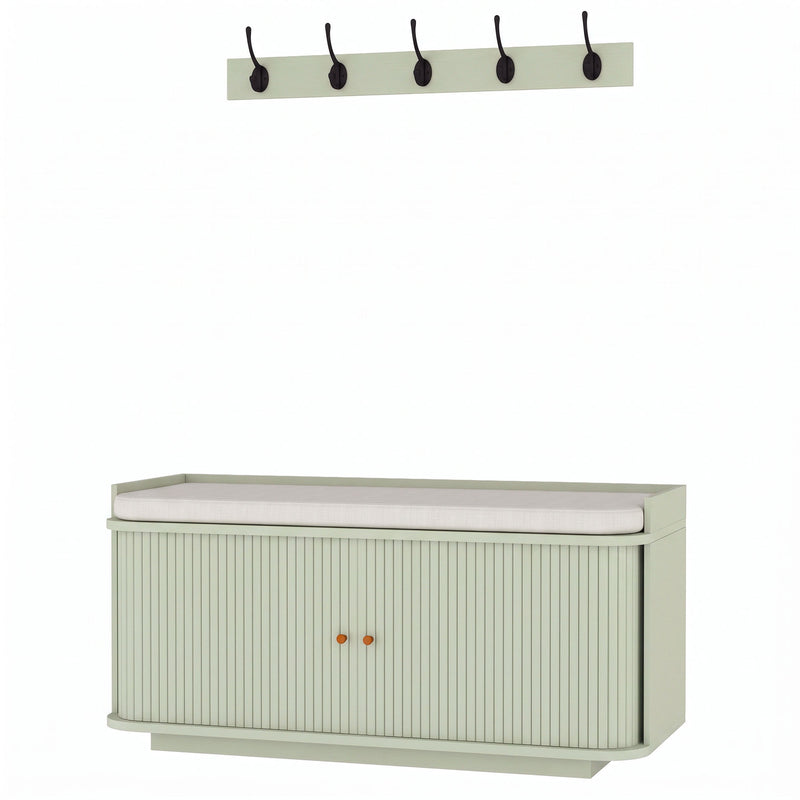 Light green HOMCOM coat rack and shoe storage bench, studio shot of the two-piece hallway set
