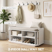 White hallway set labelled wall-mounted rack and storage bench in a two-piece hallway set