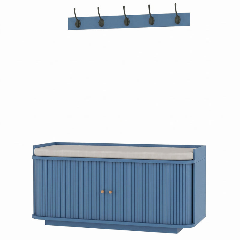 Blue HOMCOM coat rack and shoe storage bench, studio shot of the two-piece hallway set