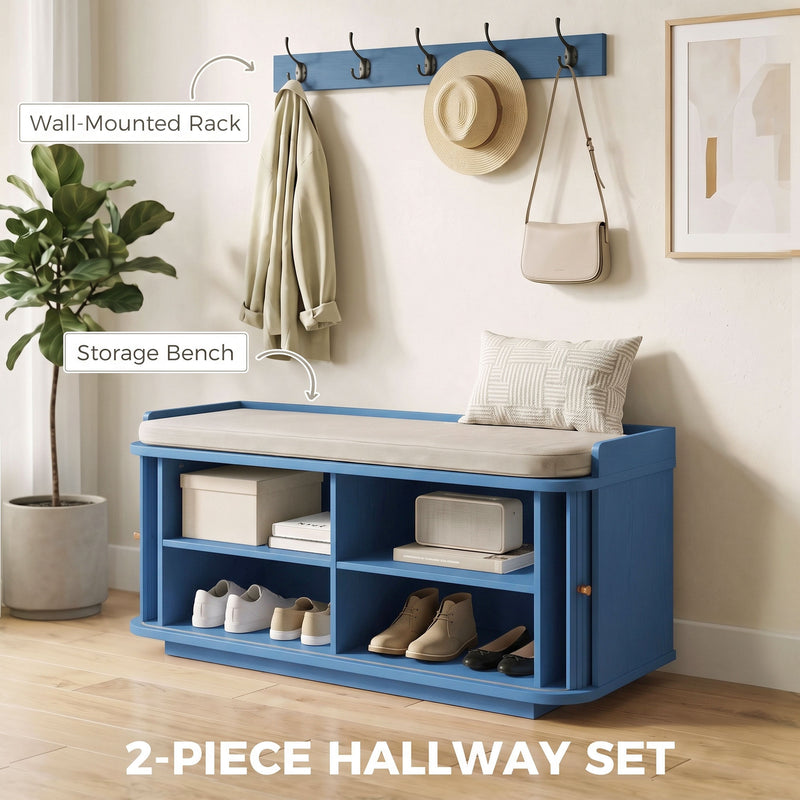 Blue hallway set in a styled entryway, wall-mounted rack and storage bench labelled
