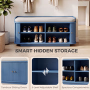 Cutaway view of the blue shoe bench showing tambour sliding doors, adjustable shelf and shoe compartments