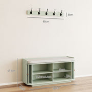 Dimension diagram of the hallway set: 80cm coat rack, 100cm bench length, 47.5cm bench height, 40cm bench depth and adjustable shelf depths