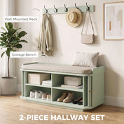 Light green hallway set in a styled entryway, wall-mounted rack and storage bench labelled