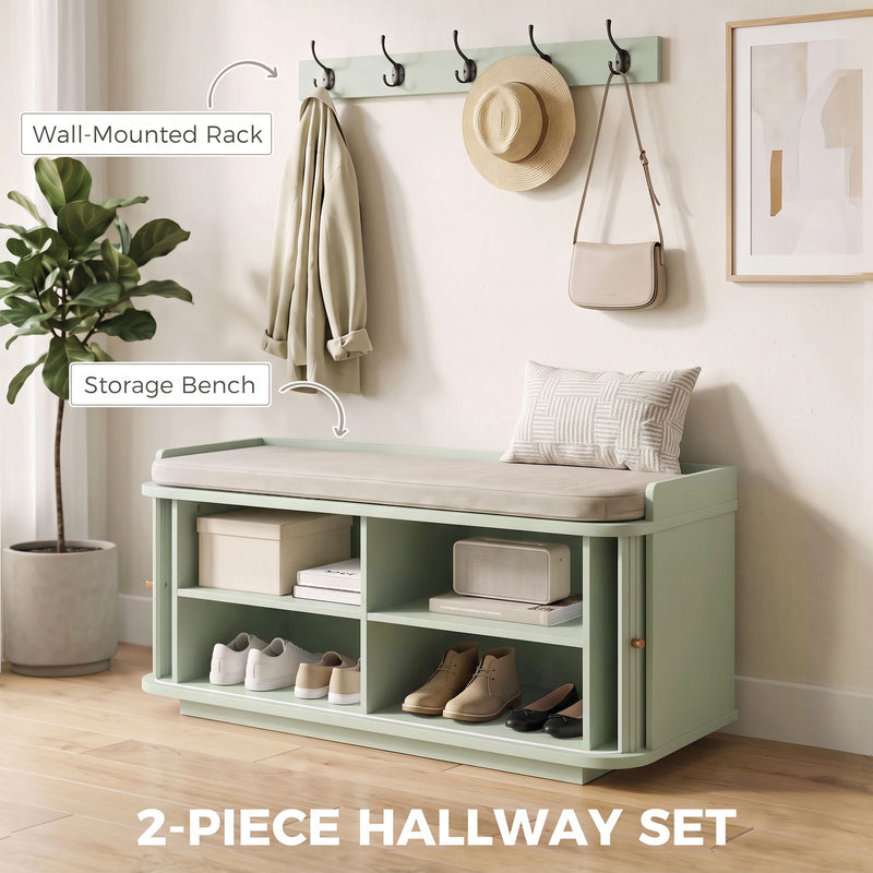 Light green hallway set in a styled entryway, wall-mounted rack and storage bench labelled