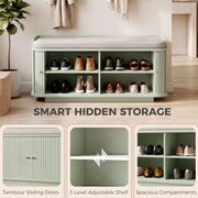 Cutaway view of the light green shoe bench showing tambour sliding doors, adjustable shelf and shoe compartments