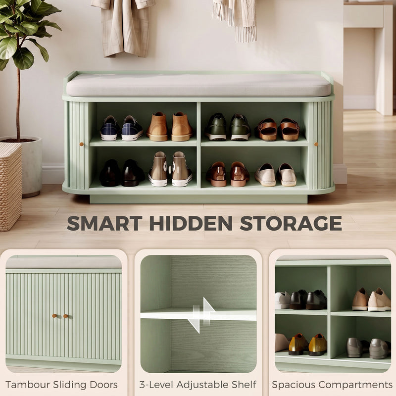 Cutaway view of the light green shoe bench showing tambour sliding doors, adjustable shelf and shoe compartments
