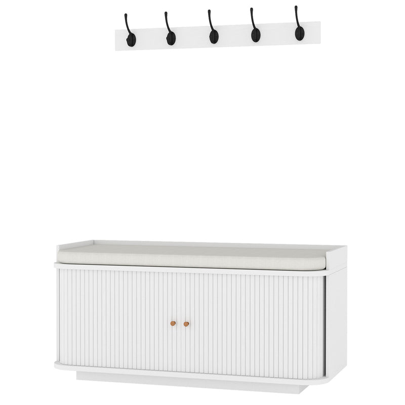 White HOMCOM coat rack and shoe storage bench, studio shot of the two-piece hallway set