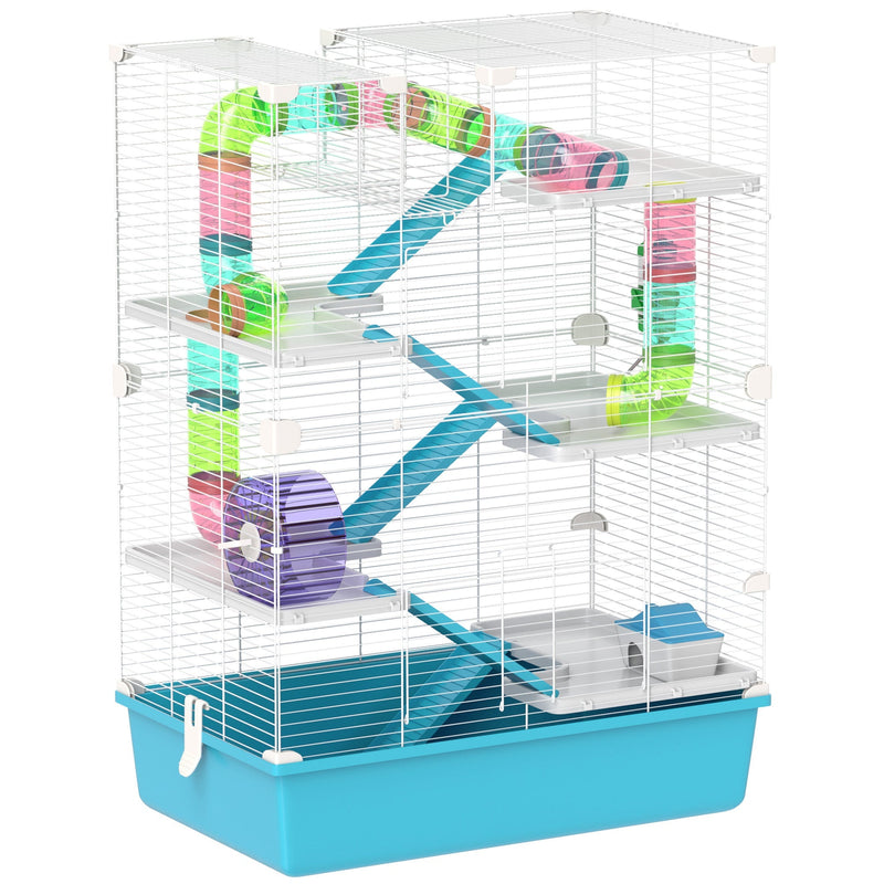 Pawhut 6-tier light blue hamster cage with twin towers and connecting tubes