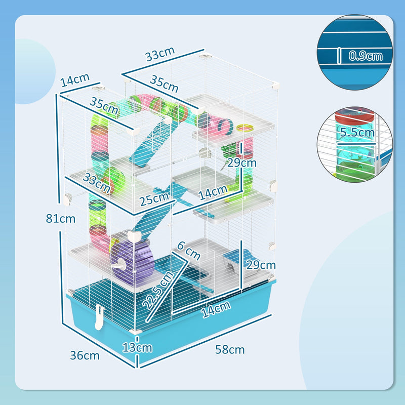 Dimension diagram of the hamster cage showing 58L x 36W x 81H cm and bar spacing